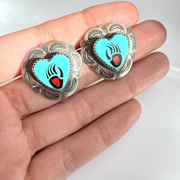 VTG Sterling Silver 925 Turquoise Bear Paw Heart Earrings Size 1" Length - Picture 6 of 11